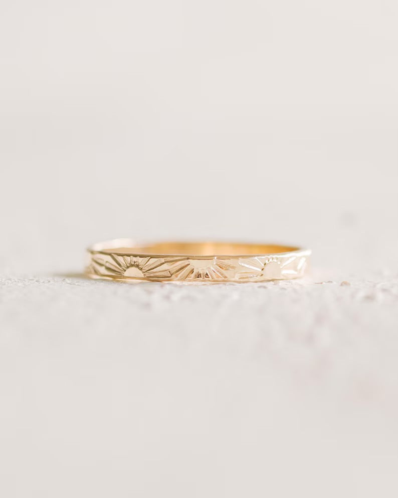 Hand Stamped Sunshine Ring, 14K Gold Filled Stacking Band, You Are My Sunshine Gift, Dainty Sun Ring, Gift for Her, Minimalist Gold Ring