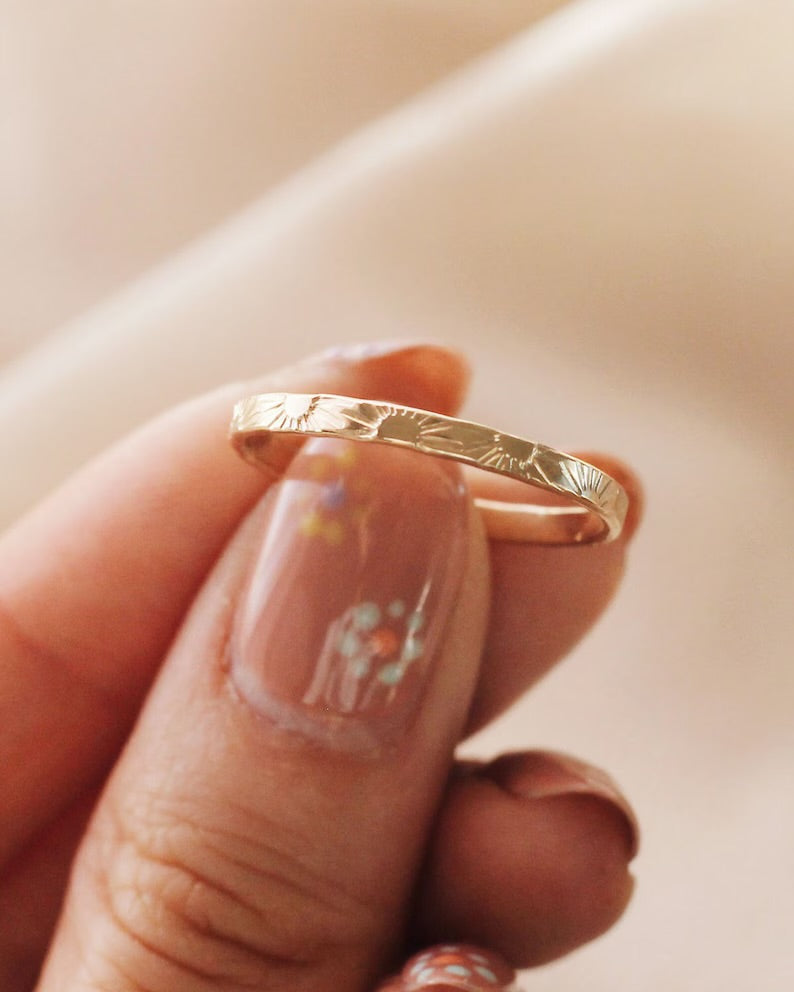 Hand Stamped Sunshine Ring, 14K Gold Filled Stacking Band, You Are My Sunshine Gift, Dainty Sun Ring, Gift for Her, Minimalist Gold Ring