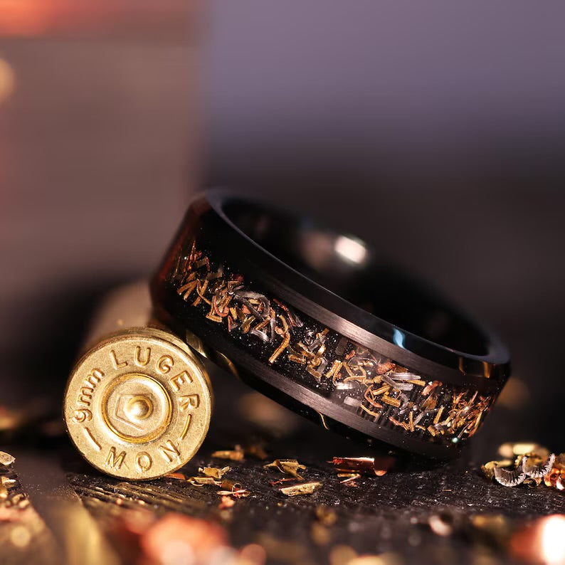 Reclaimed Bullet Shell Wedding Ring: Brass, Copper, Steel & Tungsten Band
